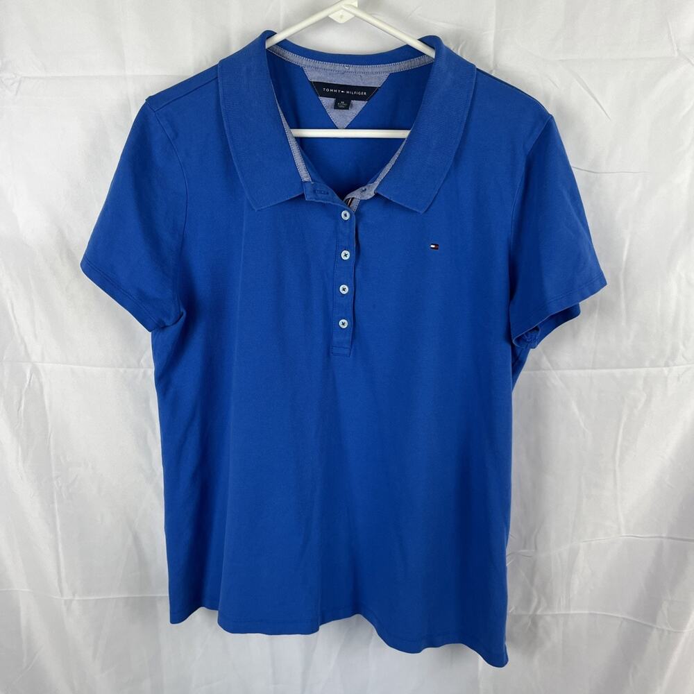 Tommy Hilfiger Women's Short Sleeve 1/2 Button Up Blouse Shirt, Blue, XL